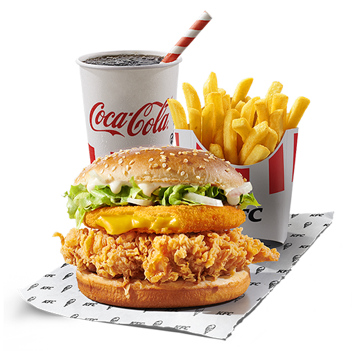 Juicy chicken fillet in original breading with mouth melting cheddar patty, luscious lettuce and sauce. All this is served between two tasty pieces of bun with sesame.